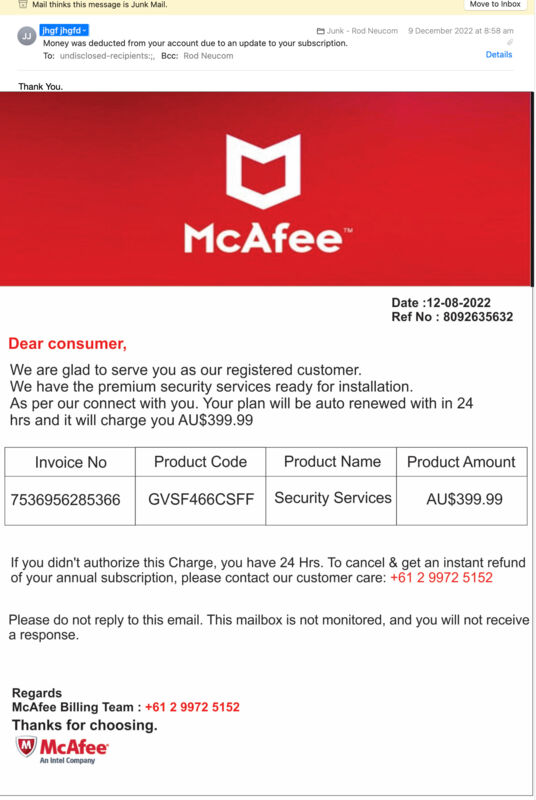 Jhgfdjhgf3 gmail 61299725152 McAfee Other Scam