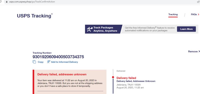 Usps.com.uspwq.shop | USPS | Delivery failed, addressee unknown | 1 report